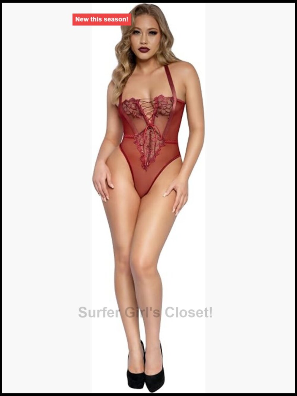 Stretch Floral Lace Teddy with Lace-Up Front - Sleeveless Wine